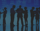 graphic of silhouetted people in front of stock market ticker