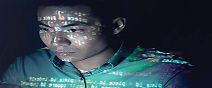 stock photo of man with code projected on face