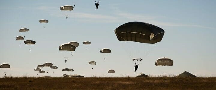 U.S. Army paratroopers descend at Fort Bragg