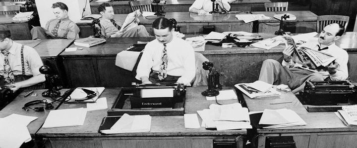 historic photo of new york times newsroom