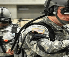 Men in uniform doing future training with VR headsets