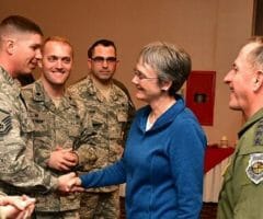 Air Force Secretary Heather Wilson and Air Force Chief of Staff Gen. David L. Goldfein with airmen at Osan Air Base