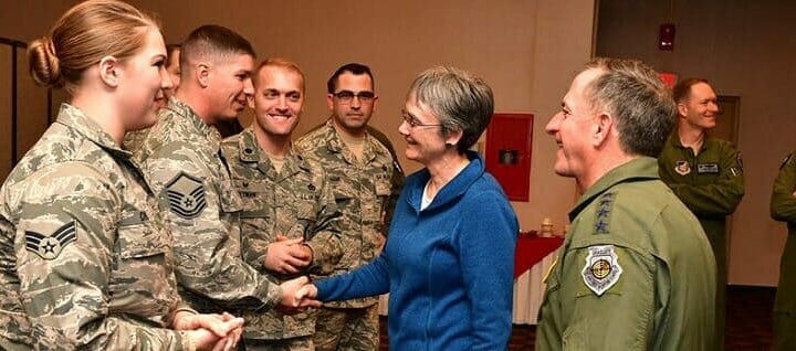 Air Force Secretary Heather Wilson and Air Force Chief of Staff Gen. David L. Goldfein with airmen at Osan Air Base