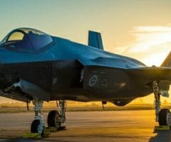 f-35 at sunset on runway