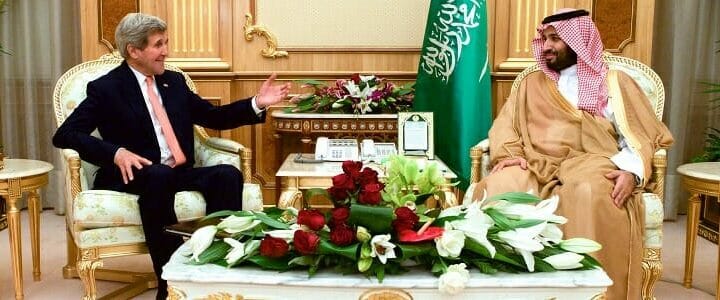 Former U.S. Secretary of State John Kerry with Crown Prince Mohammed bin Salman
