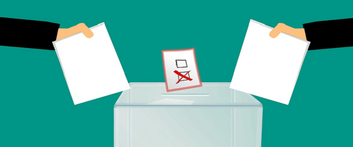 Illustration of people putting paper in ballot box