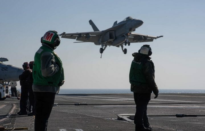 F-18 Super Hornet landing on aircraft carrier