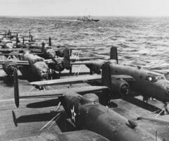 Historic photo of planes on USS Hornet