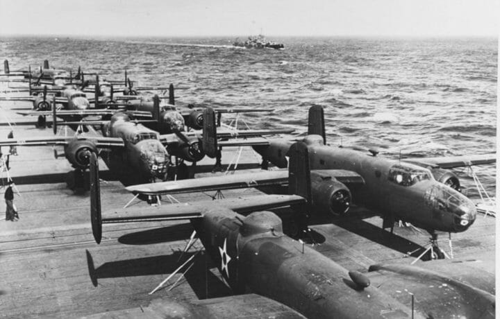 Historic photo of planes on USS Hornet