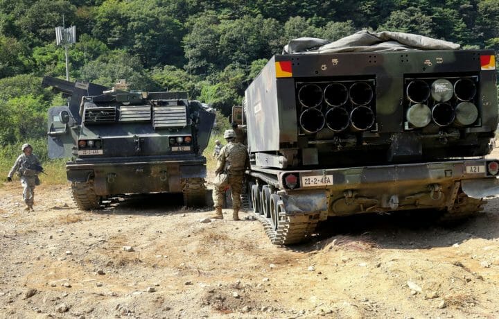 U.S. soldiers switch crews on M270 multiple launch rocket systems at Rocket Valley, Cheorwon, South Korea