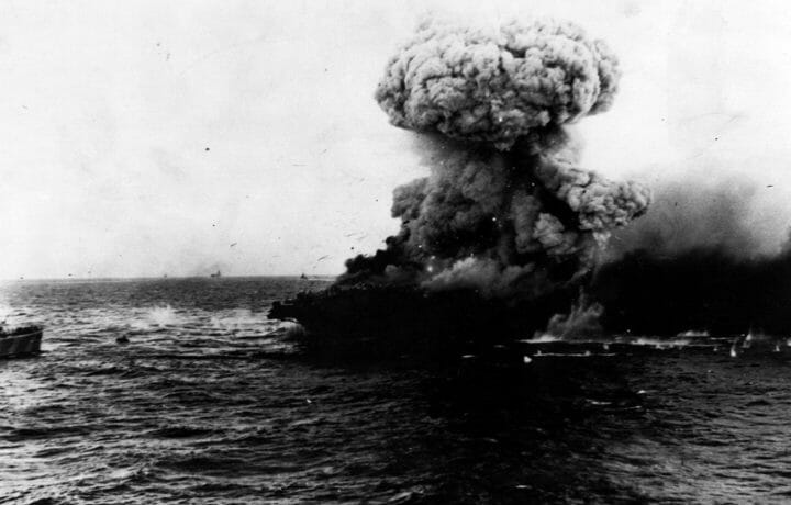 Historic photograph of explosion at Battle of the Coral Sea
