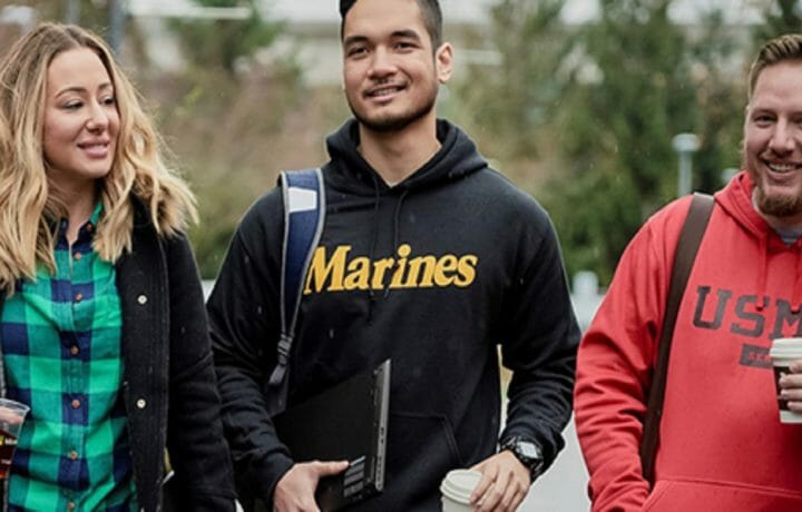Man wearing Marines sweatshirt with friends
