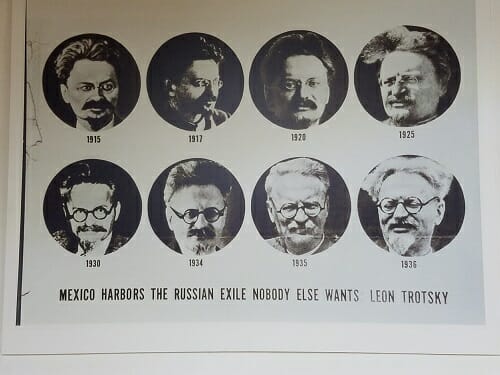 eight round photos of Leon Trotsky throughout his life from 1915-1936
