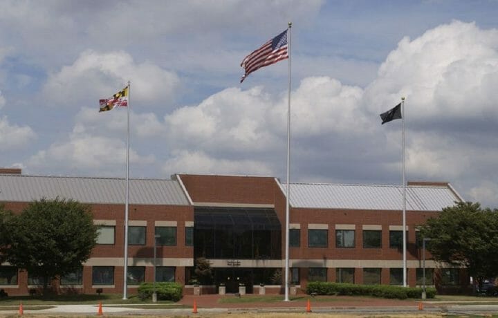 Flags flying outside Fort Detrick army headquarters