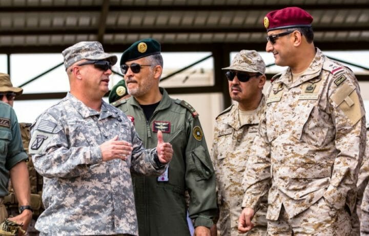 Col. Albert J. Ricci Sr., commander of the 42nd Combat Aviation Brigade (CAB), speaks to Maj. Gen. Prince Fahad bin Turki Abdulaziz Al-Saud, Royal Saudi Land Forces