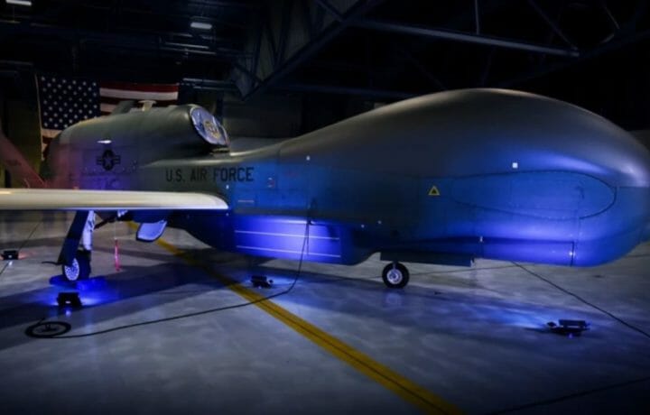 An RQ-4 Global Hawk stationed at Grand Forks Air Force Base, North Dakota is proudly displayed May 11, 2019.