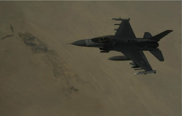 A U.S. Air Force F-16 Fighting Falcon conducts close air support operations over Iraq on Feb. 17, in support of Operation Iraqi Freedom.