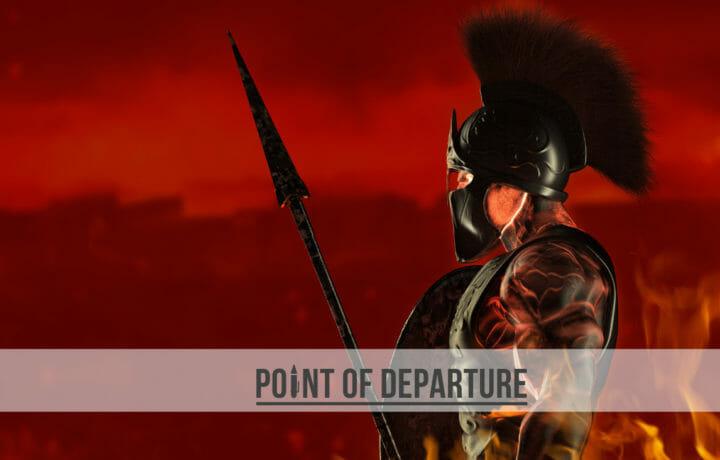 3d render illustration of spartan fire king demigod in armor and helmet, holding spear and shield on red background.