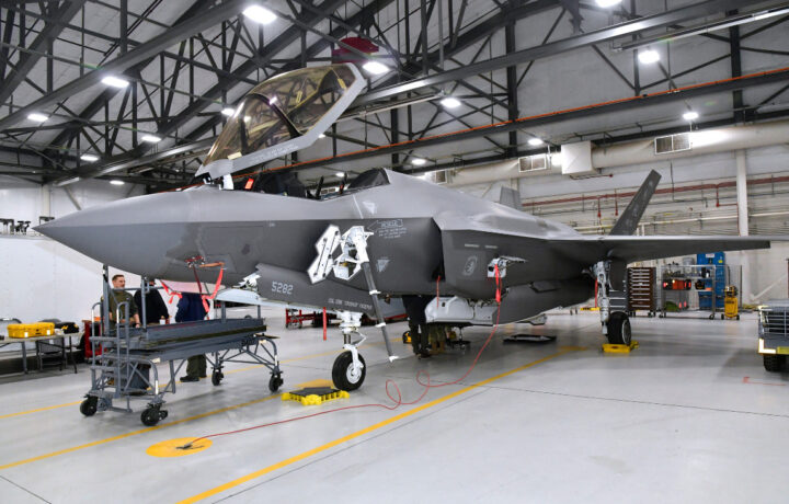 An F-35 Lightning II is equipped with Quick Reaction Instrumentation Package