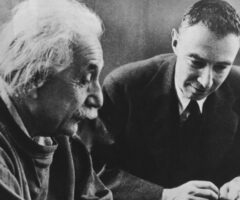 Albert Einstein and Robert Oppenheimer in a posed photograph at the Institute for Advanced Study.