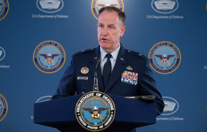 Pentagon Press Secretary Air Force Brig. Gen. Pat Ryder conducts a press briefing at the Pentagon, April 13, 2023.