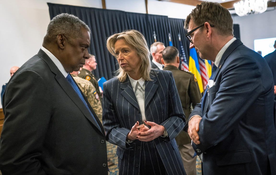 Secretary of Defense Lloyd J. Austin III, left, speaks with Dutch Defense Minister of Defense Kajsa Ollongren, center, at the 11th meeting of the Ukraine Defense Contact Group at Ramstein Air Base, Germany, April 21, 2023.