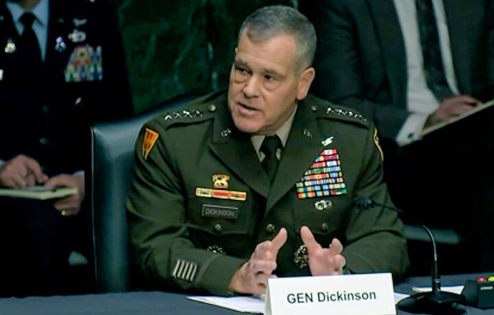 U.S. Army Gen. James Dickinson, U.S. Space Command commander, testifies before the Senate Armed Services Committee in Washington, D.C., March 8.