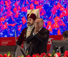 Istanbul / Turkey 07.15.2019 July 15 coup attempt anniversary. Recep Tayyip Erdogan giving speech. Praying President