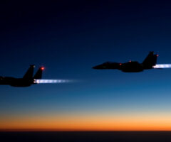 Two U.S. Air Force all-weather, tactical F-15 Eagle fighter aircraft