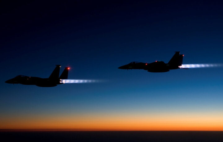 Two U.S. Air Force all-weather, tactical F-15 Eagle fighter aircraft