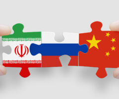 Puzzle made from flags of Iran, Russia, and China. Russia and China relations and military collaboration
