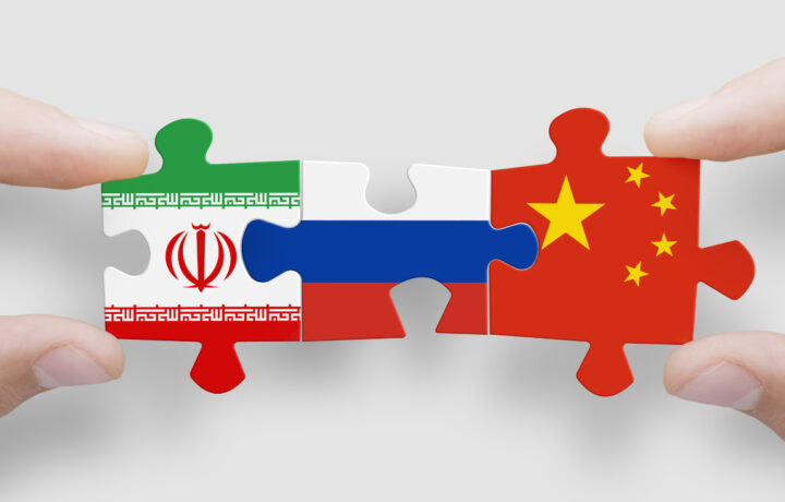 Puzzle made from flags of Iran, Russia, and China. Russia and China relations and military collaboration
