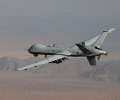 An MQ-9 Reaper, armed with GBU-12 Paveway II laser guided munitions and AGM-114 Hellfire missiles