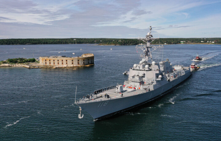 USS Daniel Inouye Sails Away from Bath Iron Works