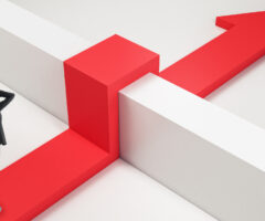 Graphic of a woman standing in front of a barrier with a big red arrow going over the hurdle.