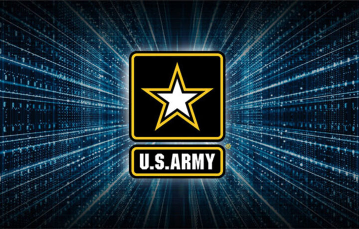 U.S. Army logo with cyber-like background.