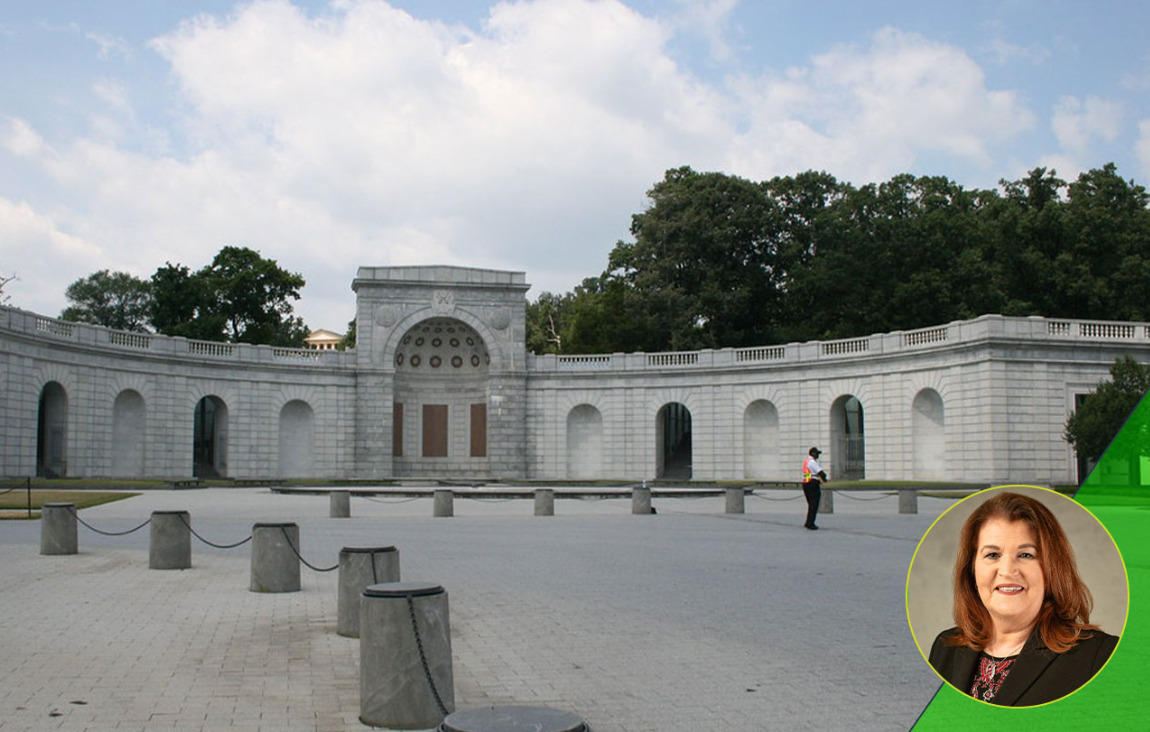 Photo of Memoral Avenue at the entrance to Arlington National Cemetery with a photo of Tricia Wood in the right bottom corner.