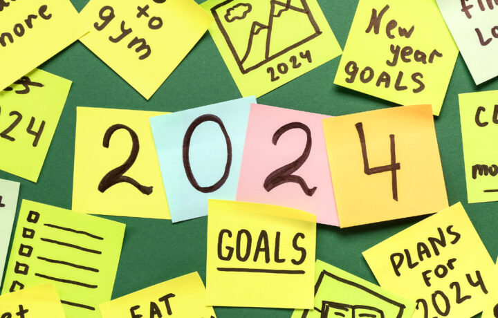 Photo of postits with 2024 and goals laid out.