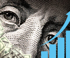 Graphic of a close up of Ben Franklin's face on the $100 bill. To the left, there are a bunch of $100 bills and then to the right, a simple light blue graph with an arrow showing upward trend,