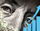 Graphic of a close up of Ben Franklin's face on the $100 bill. To the left, there are a bunch of $100 bills and then to the right, a simple light blue graph with an arrow showing upward trend,