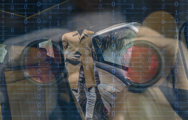 Photo of a person entering a car with another picture overlaying of binoculars and binary sequences.