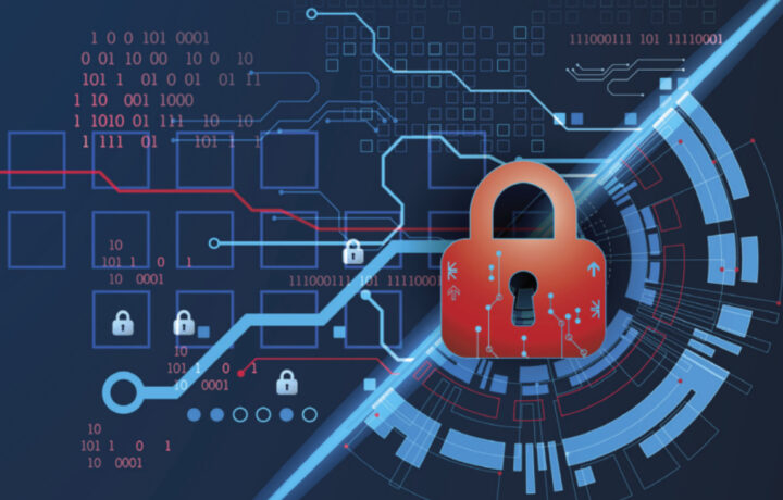 Graphic of a lock, binary and tech symbols.