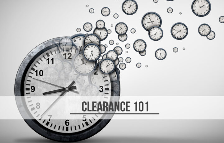 Time management depicted by clocks, with the words: Clearance 101 at the bottom