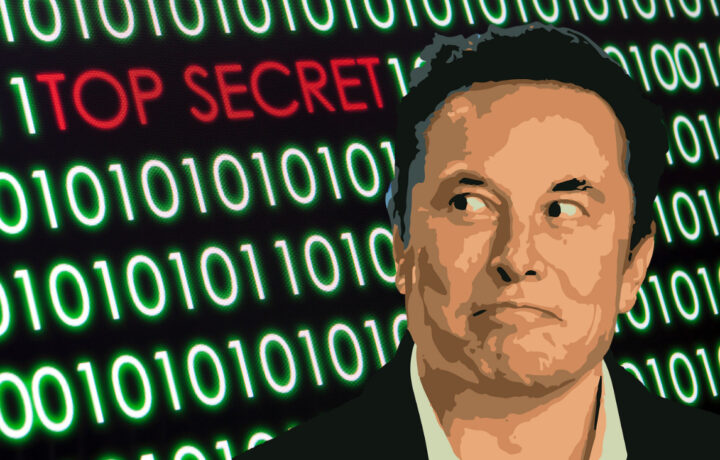 Illustration of Elon Musk looking off to the side with a background of glowing binary code in green, featuring the words 'TOP SECRET' prominently displayed in red.