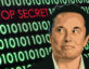 Illustration of Elon Musk looking off to the side with a background of glowing binary code in green, featuring the words 'TOP SECRET' prominently displayed in red.