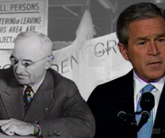 The image features a collage of historical figures and visuals related to U.S. security. On the left, there is a black-and-white photo of Harry S. Truman, sitting at a desk and signing documents. On the right, an image shows George W. Bush, speaking into a microphone. Behind both figures, a sign that reads "All persons entering or leaving this area are subject to search" is visible, with additional text appearing on papers. The ClearanceJobs logo is also displayed in the lower right corner.