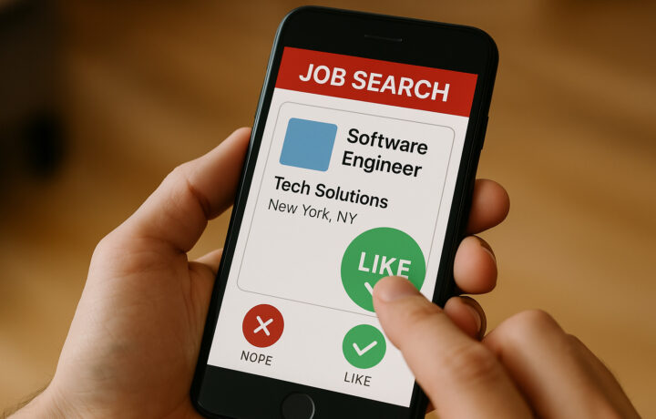 A close-up of a person holding a black smartphone while using a job search app designed like a dating app. The screen displays a job listing with 'LIKE' and 'NOPE' buttons, mimicking the swipe interface of dating platforms. The user’s thumb is mid-swipe on the 'LIKE' button, and the background is softly blurred, suggesting an indoor setting.