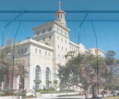 A large, historic building with a prominent clock tower and a cross on top is visible. The structure features a light-colored facade with multiple windows and decorative elements. In front of the building, there are trees and landscaped areas. A grid-like mesh overlay partially obscures the view, creating a layered effect. The sky is clear and blue, enhancing the overall brightness of the scene.