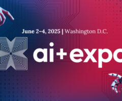 A promotional graphic for the AI Expo, featuring a stylized logo with an intricate geometric design. The background transitions from blue to red, with binary code patterns. Text includes the event date, June 2-4, 2025, and location, Washington D.C., alongside the event name "ai+expo." A robotic hand is depicted reaching towards a human hand, symbolizing the interaction between humans and technology.