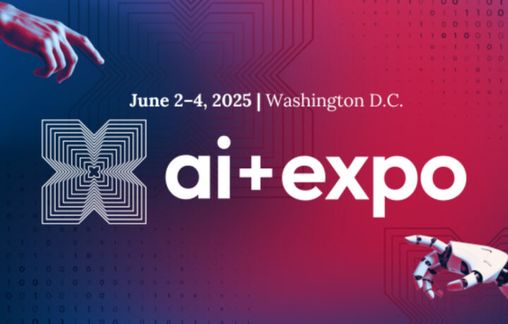 A promotional graphic for the AI Expo, featuring a stylized logo with an intricate geometric design. The background transitions from blue to red, with binary code patterns. Text includes the event date, June 2-4, 2025, and location, Washington D.C., alongside the event name "ai+expo." A robotic hand is depicted reaching towards a human hand, symbolizing the interaction between humans and technology.